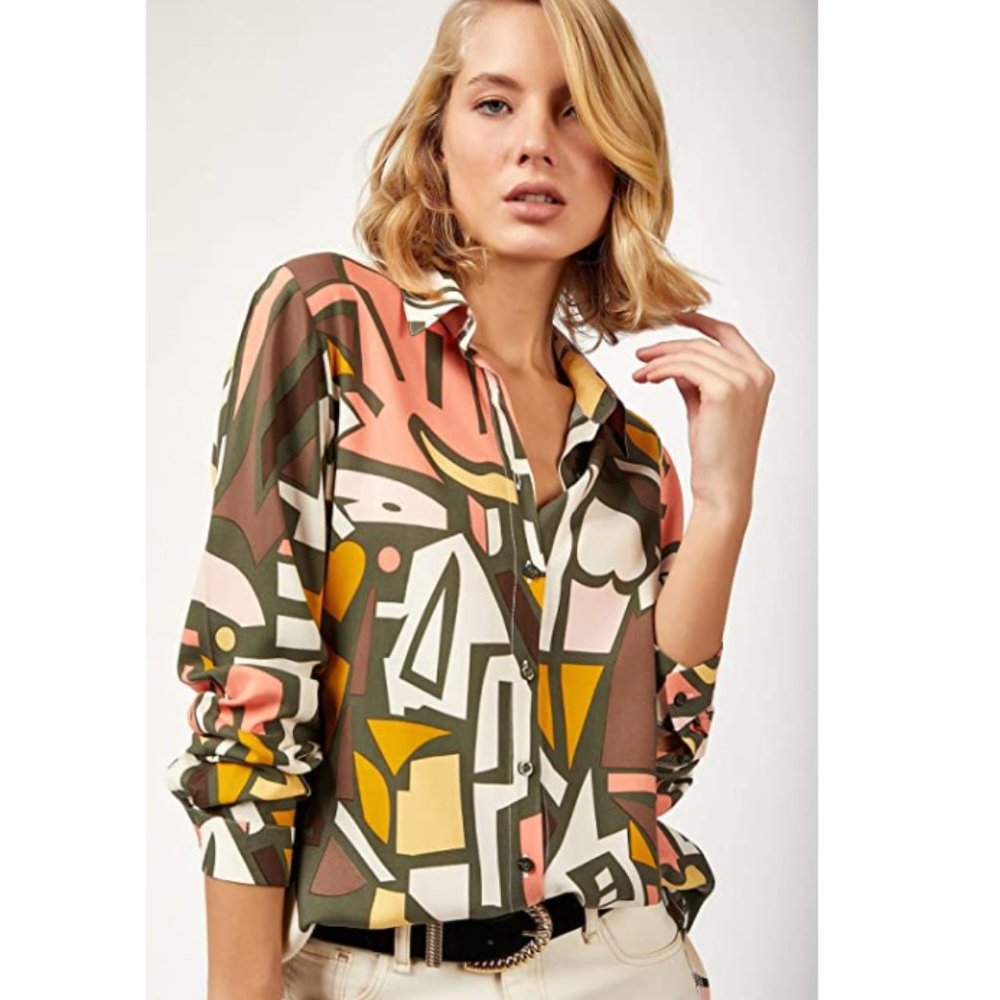 Abstract Geometric Button-Down Blouse in Pink Multi